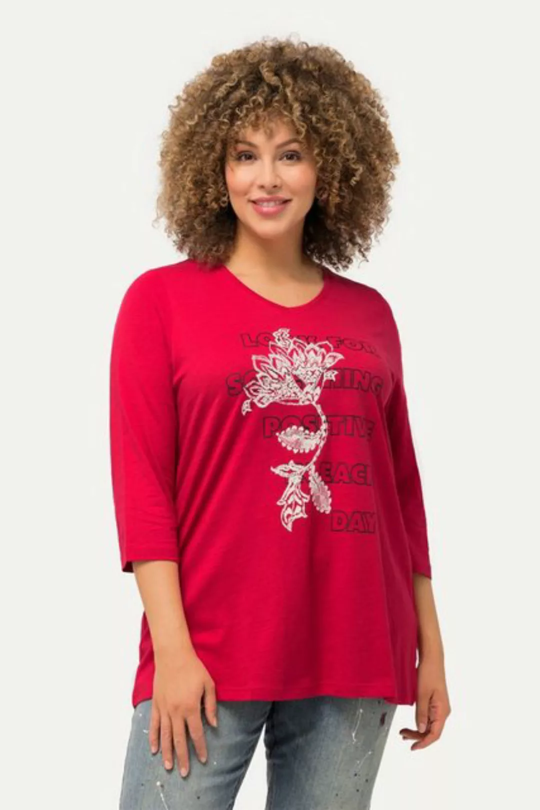 Ulla Popken Rundhalsshirt Shirt Schriftmotiv Classic V-Ausschnitt 3/4-Arm günstig online kaufen