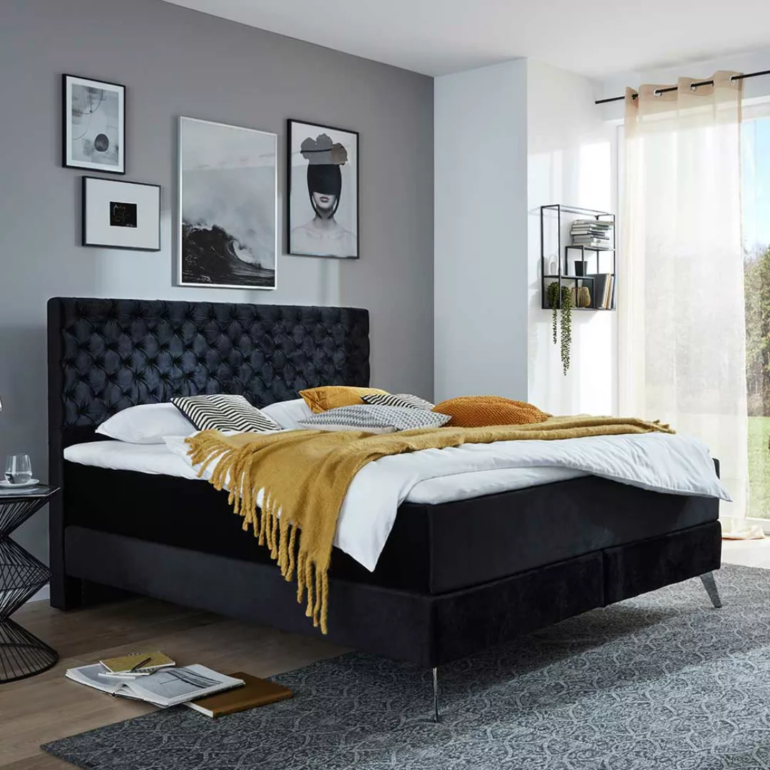 Schwarzes Boxspring Bett mit Chesterfield Steppung 58 cm Einstiegshöhe günstig online kaufen