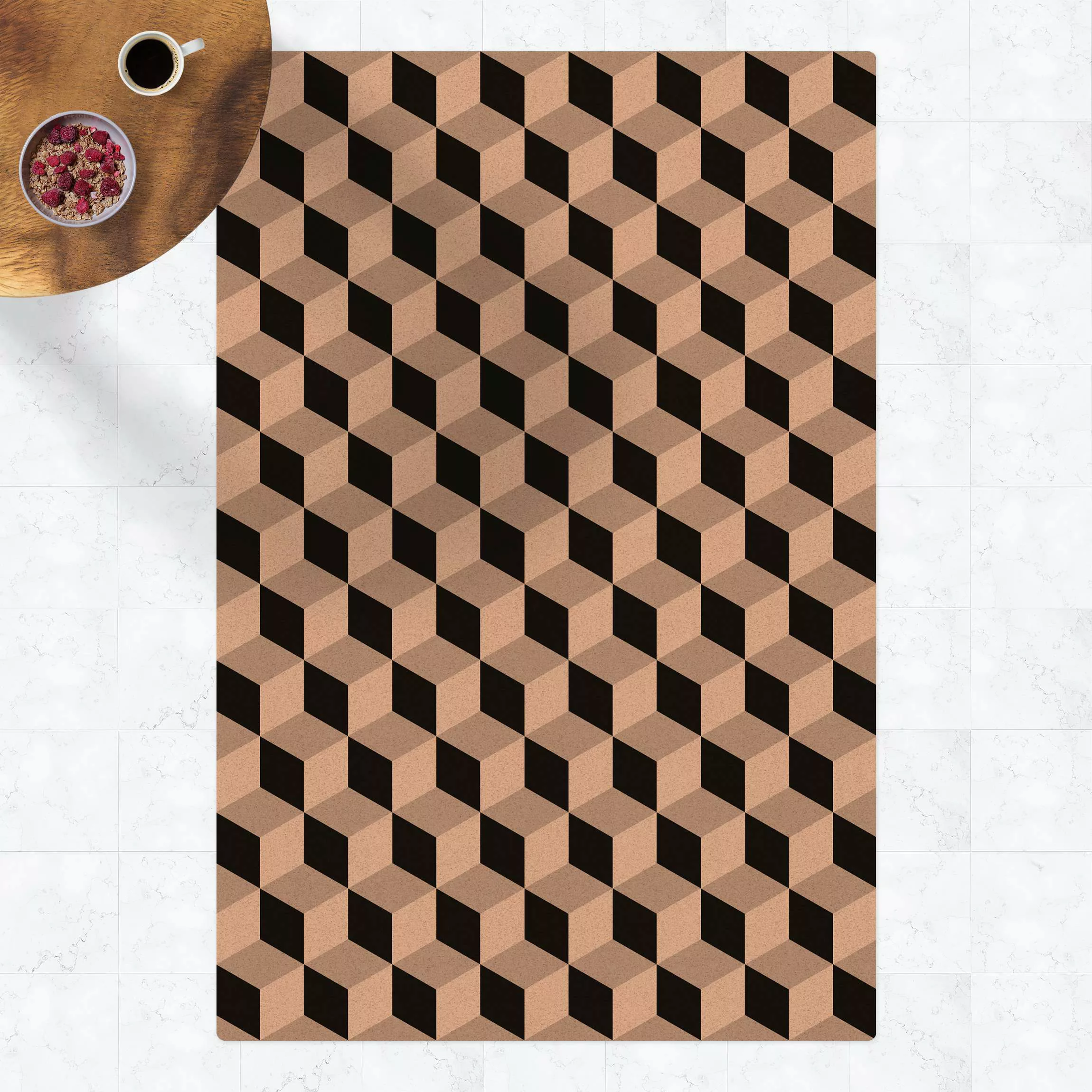 Kork-Teppich Geometrischer Fliesenmix Würfel Schwarz günstig online kaufen