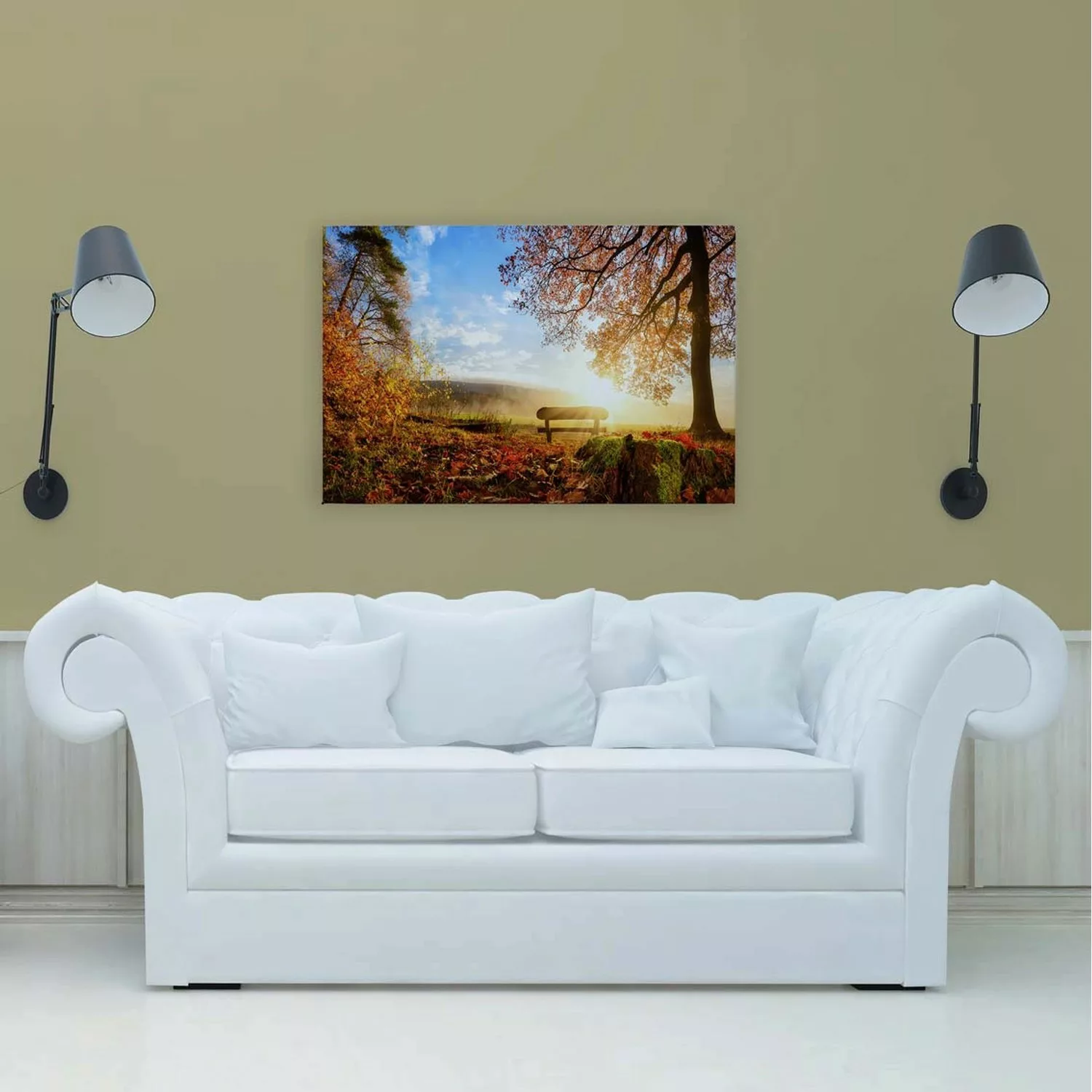 Bricoflor Herbst Bild 90X60 Cm Romantisches Wandbild Mit Herbstwald Auf Lei günstig online kaufen