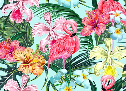 Fototapete Flamingo Blätter Blumen Türkis Rosa 3,50 m x 2,55 m FSC® günstig online kaufen