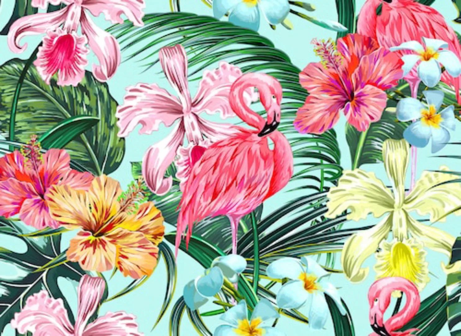 Fototapete Flamingo Blätter Blumen Türkis Rosa 3,50 m x 2,55 m FSC® günstig online kaufen