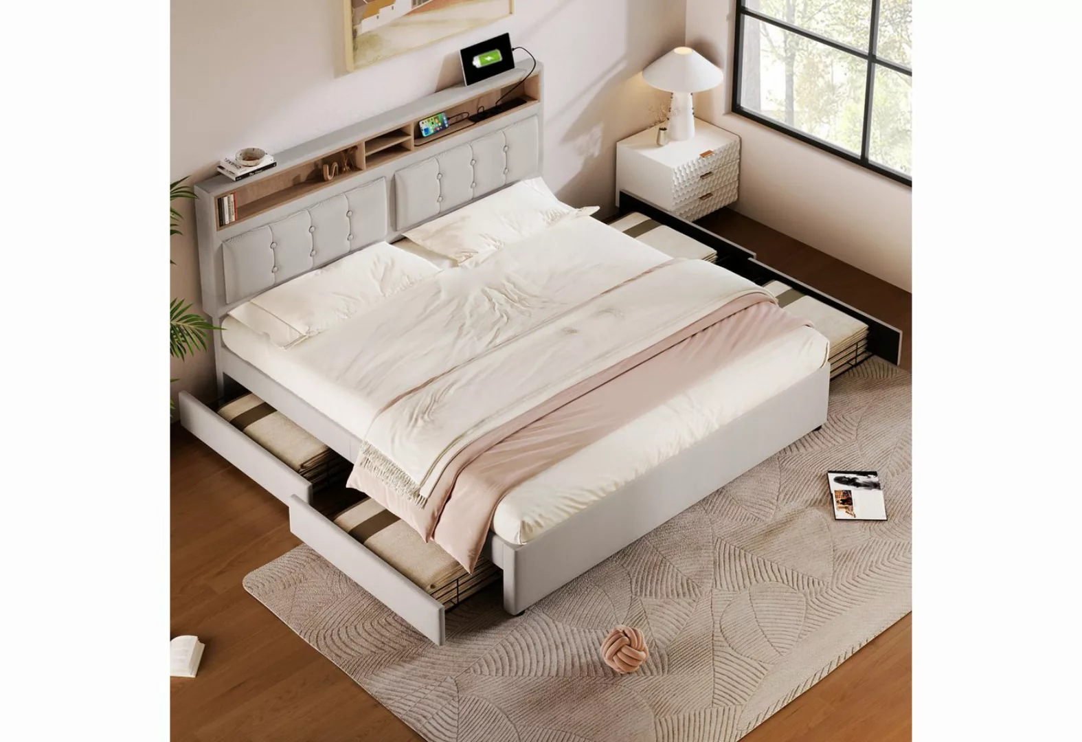 Refined Living Polsterbett Doppelbett Stauraumbett Bett mit verstellbarem K günstig online kaufen