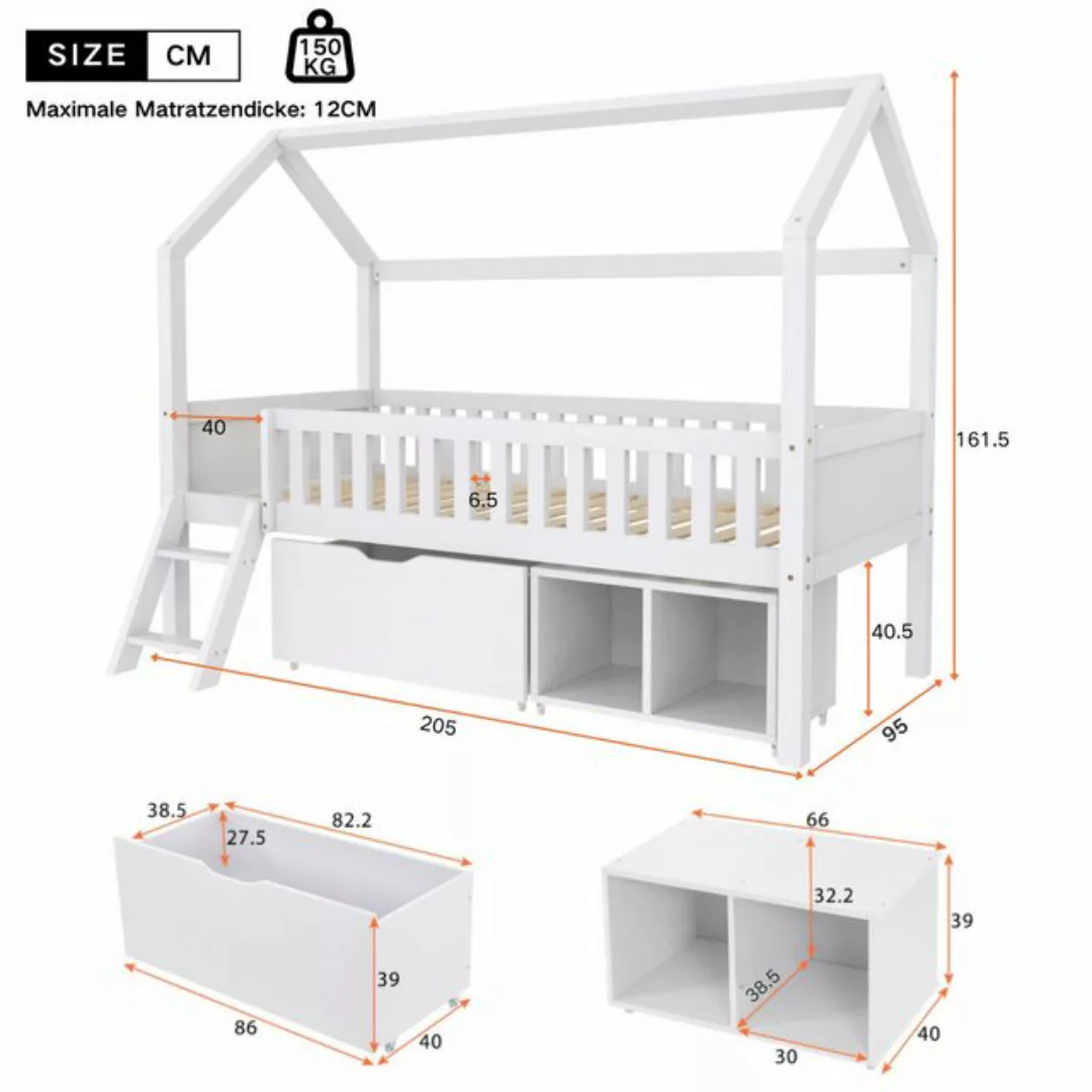 Flieks Hochbett Hausbett Kinderbett mit Stauraumfächern 90x200cm Kiefer günstig online kaufen