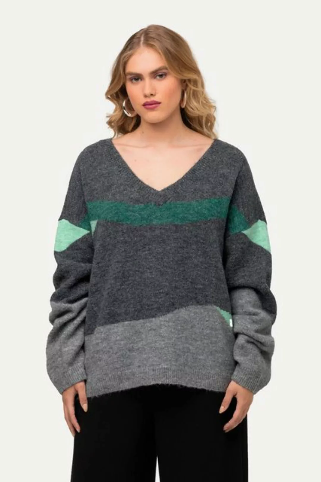 Ulla Popken Strickpullover Pullover gemustert V-Ausschnitt Langarm Wollmix günstig online kaufen