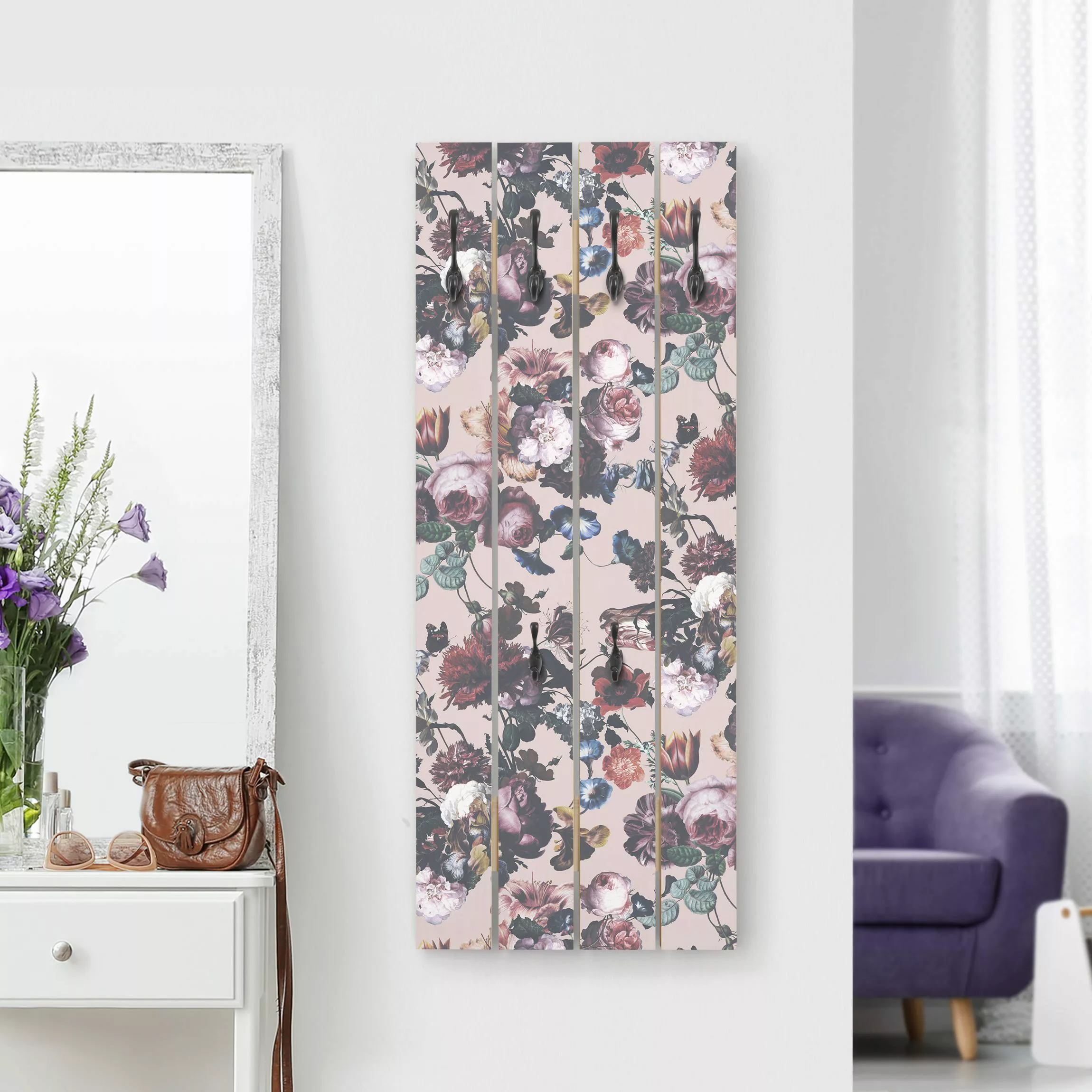 Wandgarderobe Altmeisterliche Blüten mit Tulpen und Rosen auf Rosa günstig online kaufen