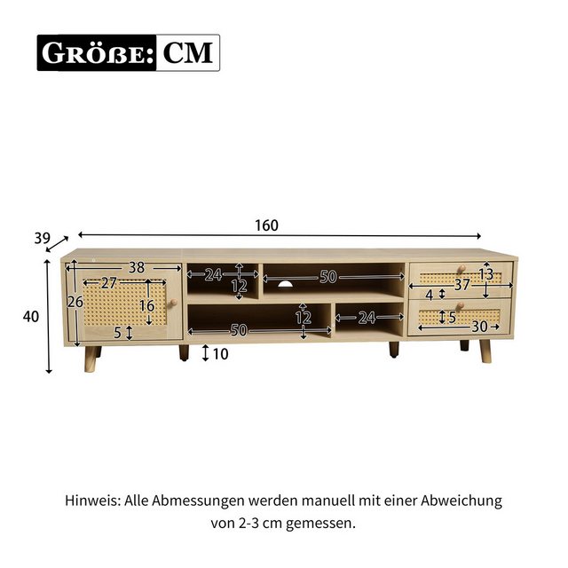 Powerwill TV-Schrank 160cm Holzfarbenes Rattan (2 Schubladen, 1 Tür, 1-St., günstig online kaufen