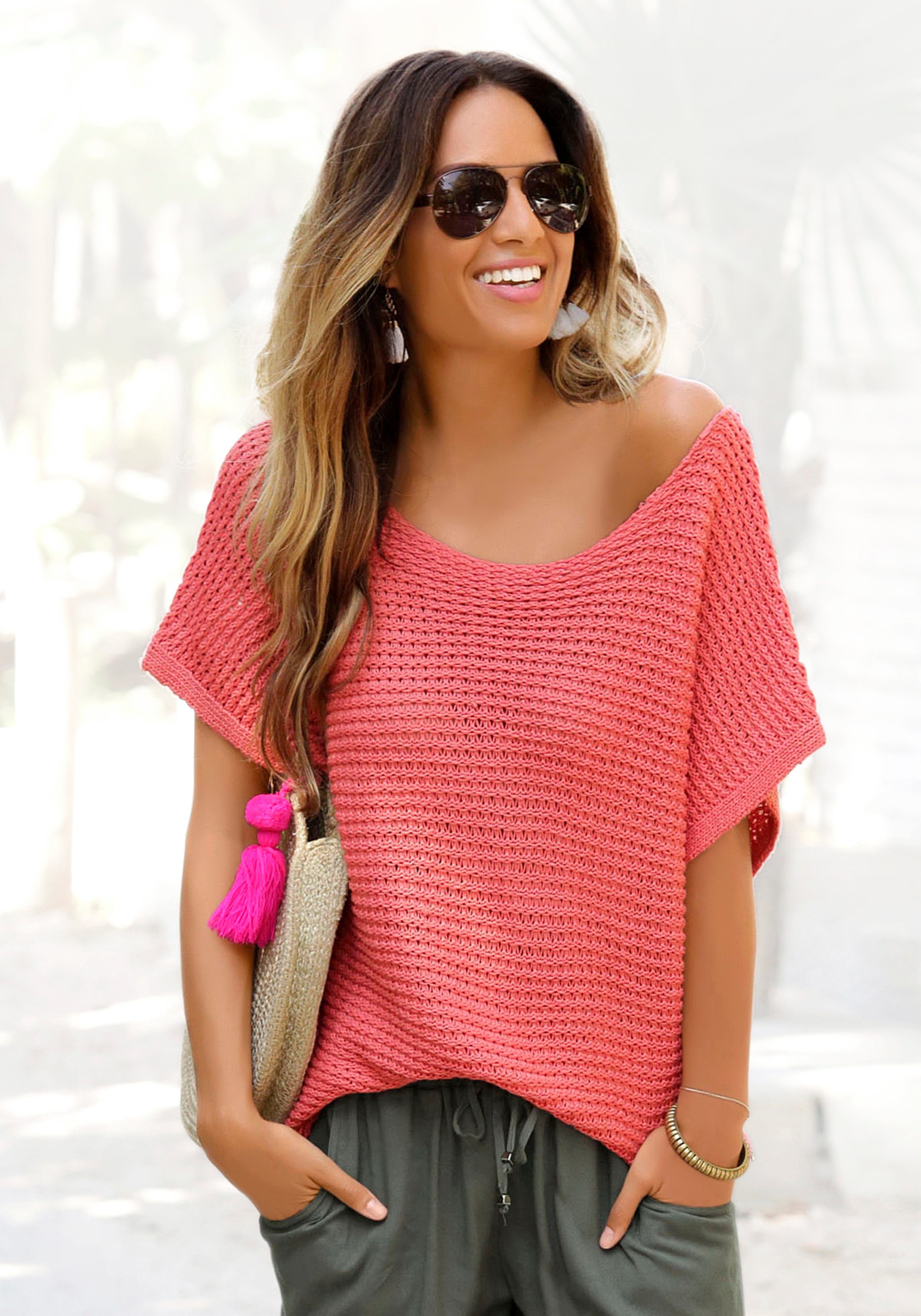 LASCANA Kurzarmpullover, in luftigem Ajourstrick, Strickpullover, sommerlic günstig online kaufen