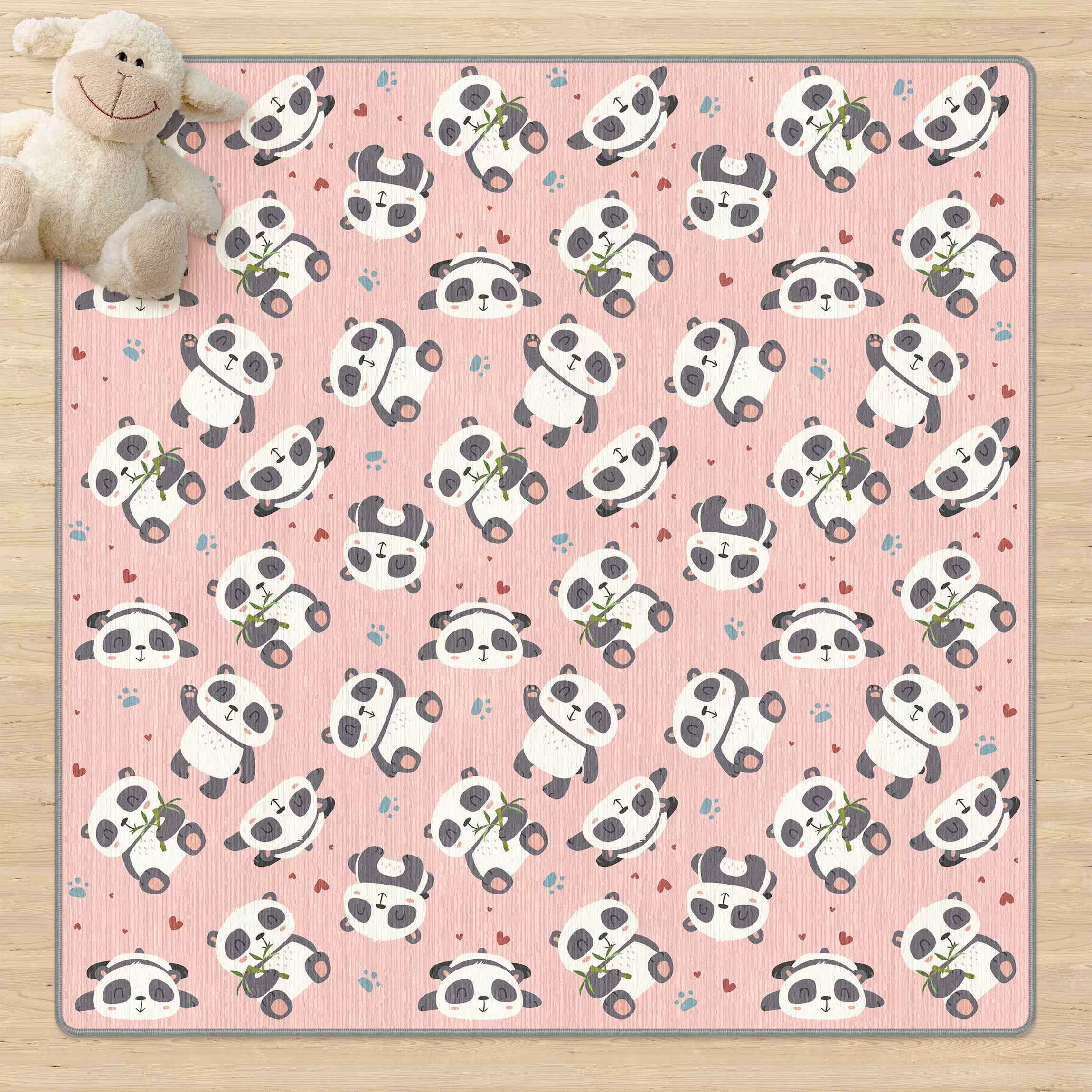 Teppich Süße Pandabären mit Tapsen und Herzen Pastellrosa günstig online kaufen