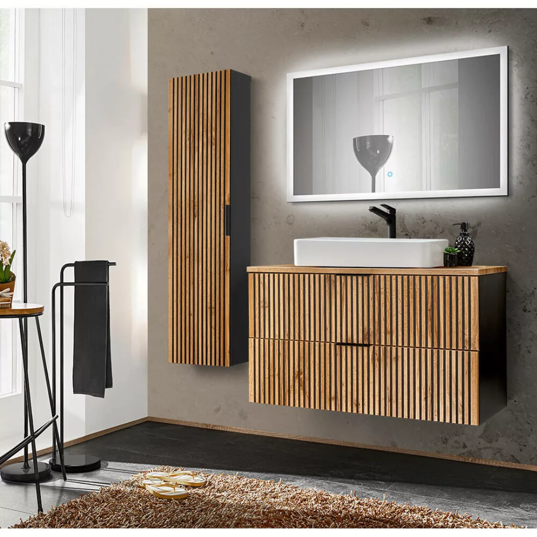 Badmöbel Set mit Rillenfront Waschtisch 100 cm, Hochschrank XANTEN-56 in an günstig online kaufen