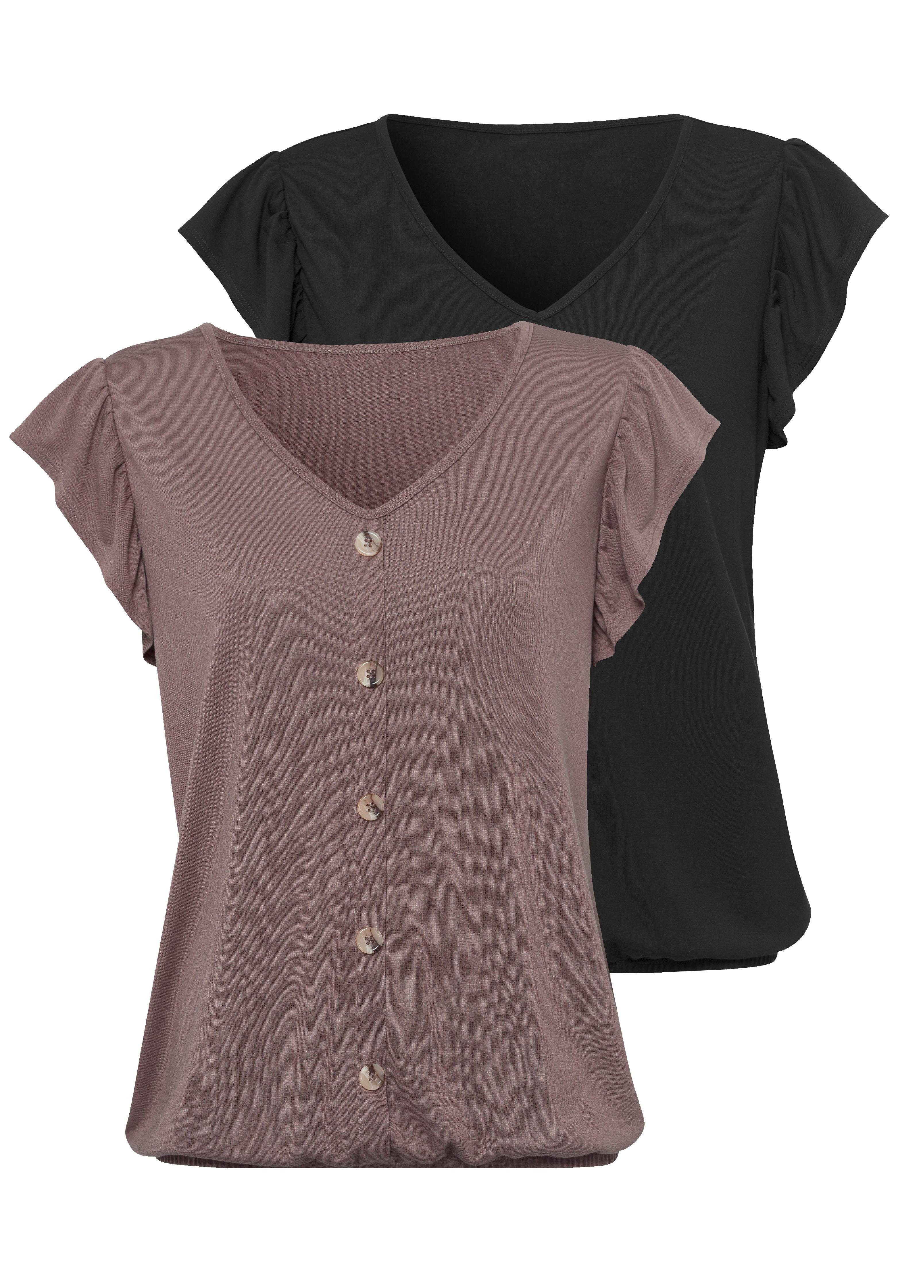 LASCANA Kurzarmshirt "mit Zierknopfleiste und Flügelärmelchen", (2er-Pack), günstig online kaufen