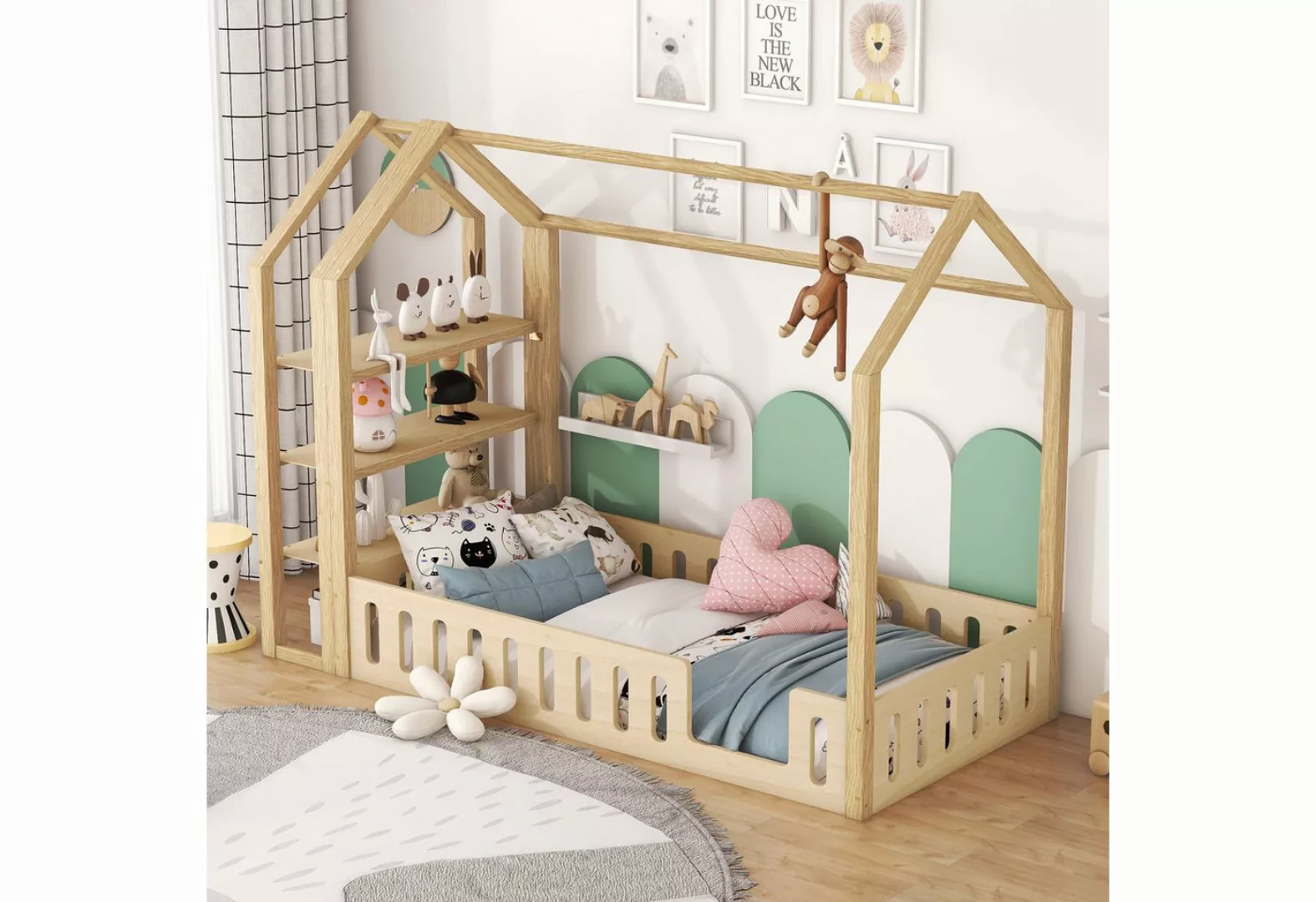 MODFU Kinderbett Einzelbett Stauraumbett Holzbett 90 x 200cm (mit 3 Regalen günstig online kaufen