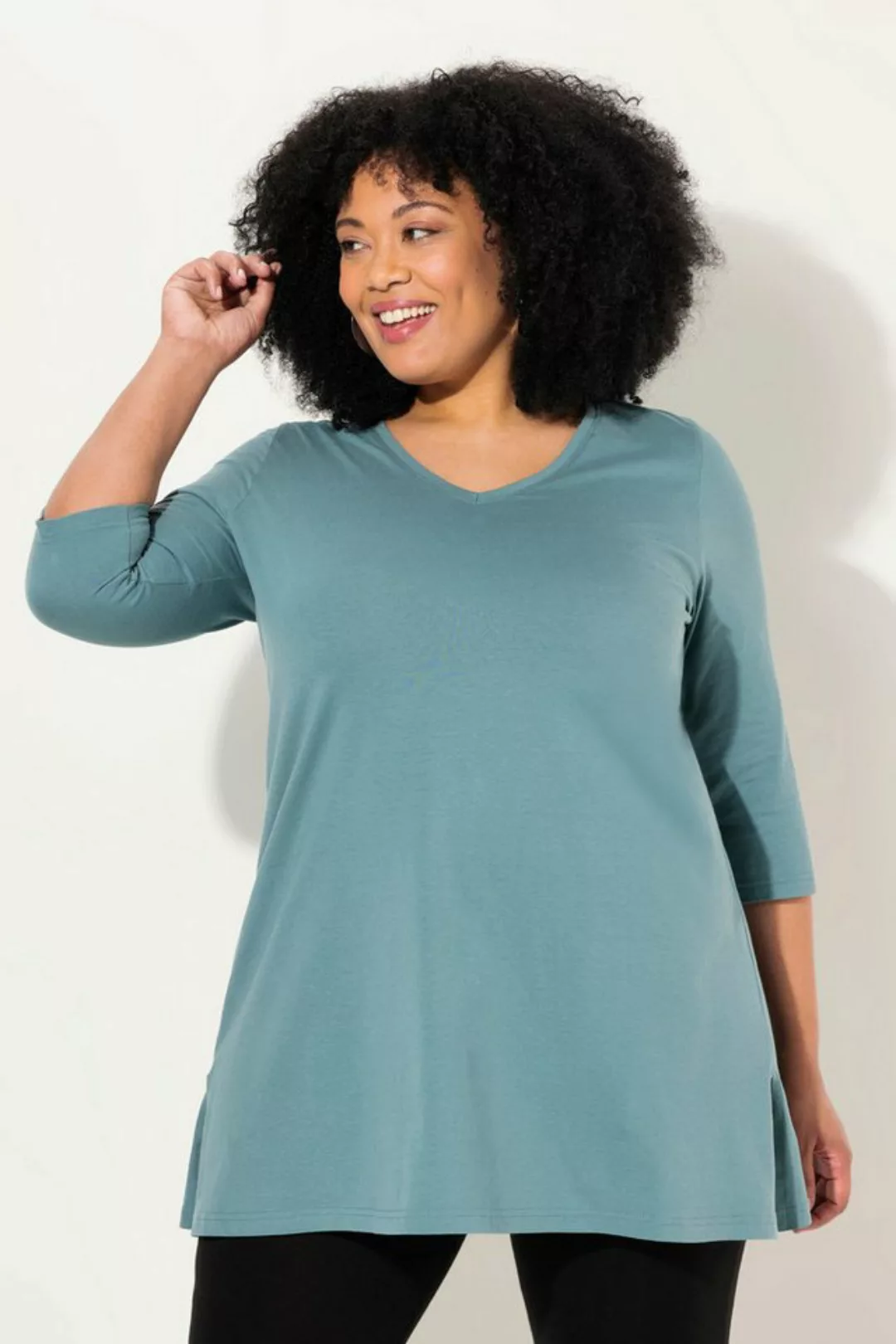 Ulla Popken Longshirt Longshirt A-Linie V-Ausschnitt 3/4-Arm günstig online kaufen