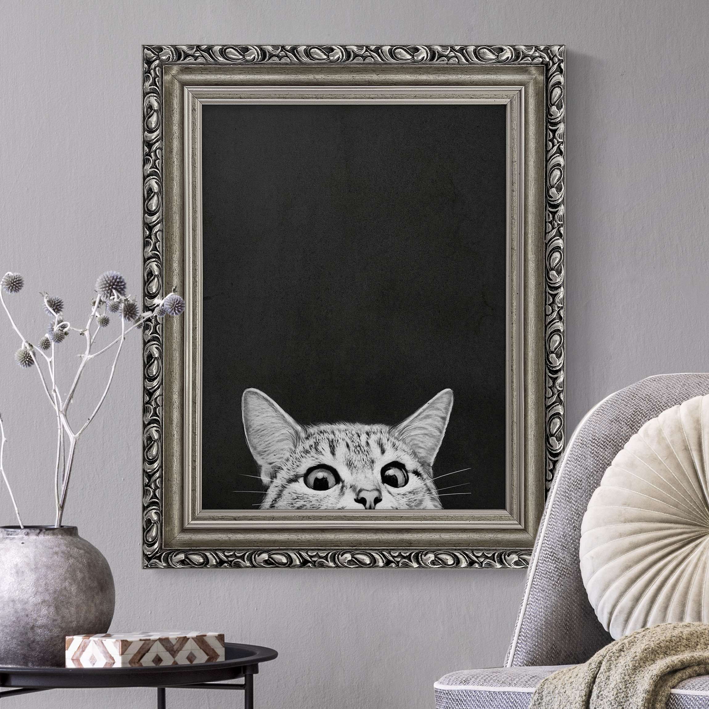 Gerahmtes Leinwandbild Illustration Katze Schwarz Weiß Zeichnung günstig online kaufen