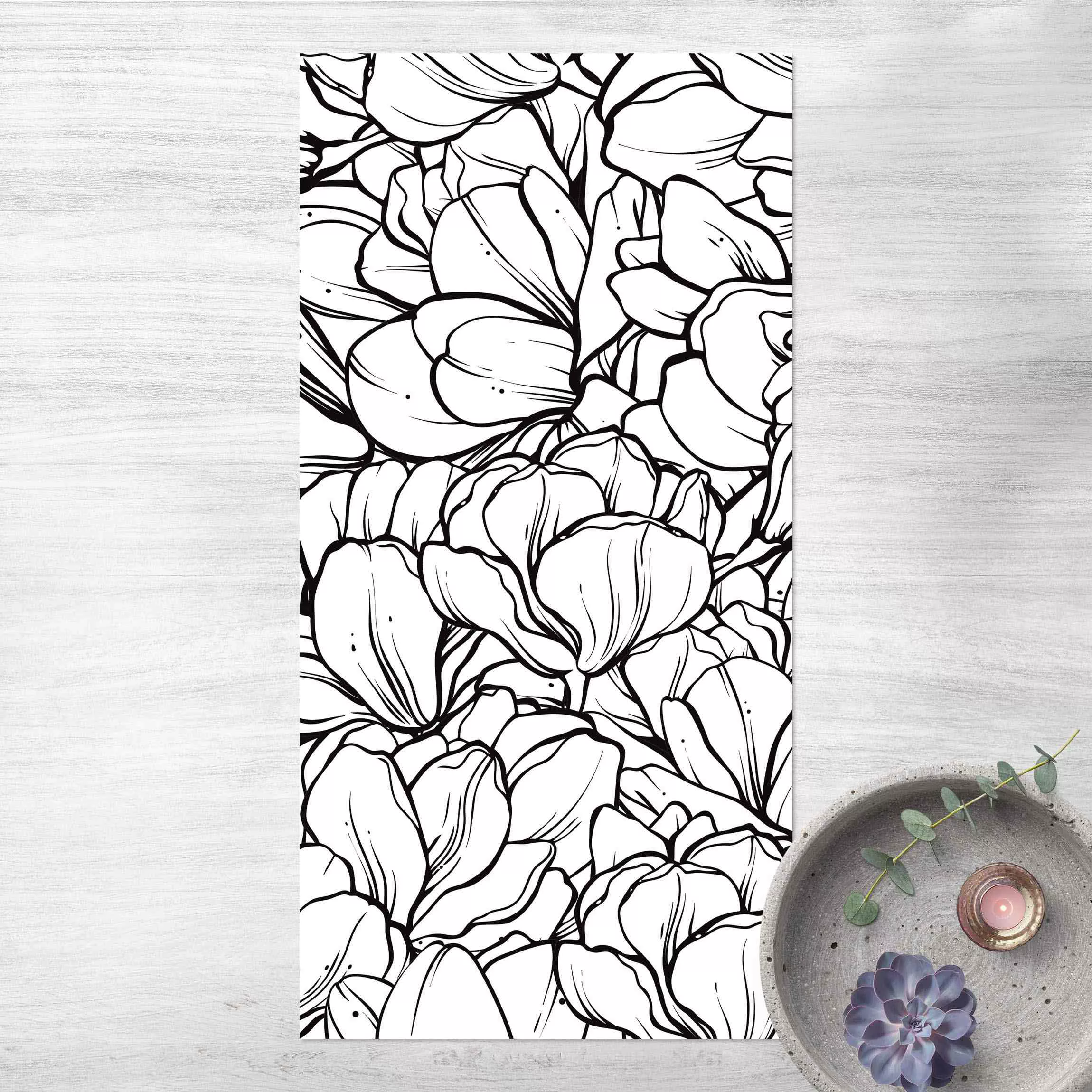 Vinyl-Teppich Magnolien Blütenmeer Schwarz Weiß günstig online kaufen