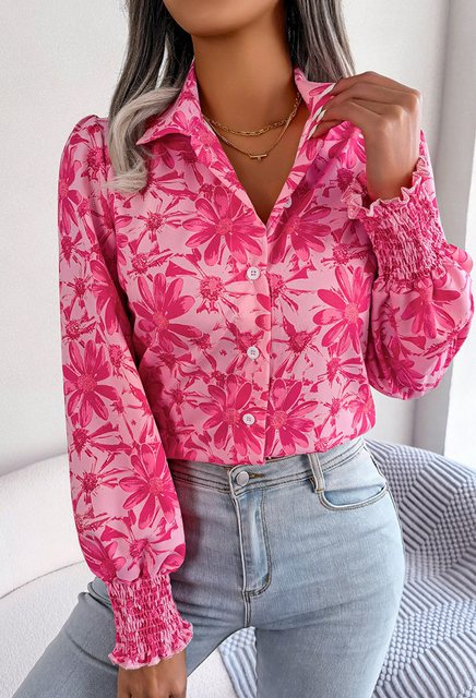 CHENIN Langarmhemd Damen Laterne Ärmel Kollision Floral Revers Bluse Busine günstig online kaufen