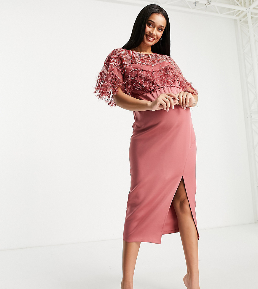 ASOS DESIGN Maternity – Neopren-Midikleid in Rosé mit Perlen- und Federverz günstig online kaufen