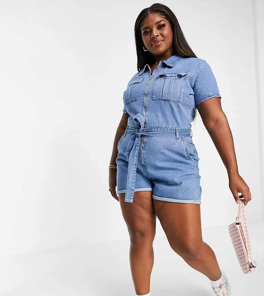 In The Style Plus x Olivia Bowen – Jeans-Playsuit in hellblauer Waschung mi günstig online kaufen