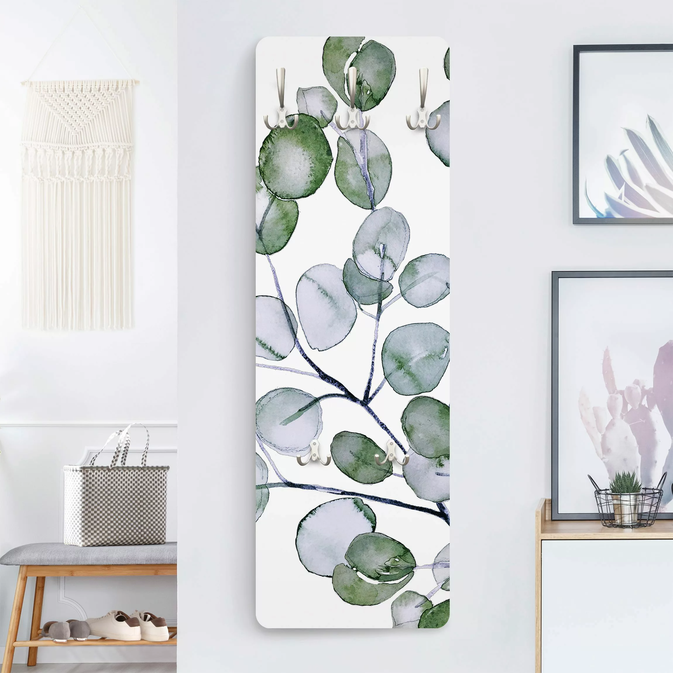 Wandgarderobe Holzpaneel Grünes Aquarell Eukalyptuszweig günstig online kaufen