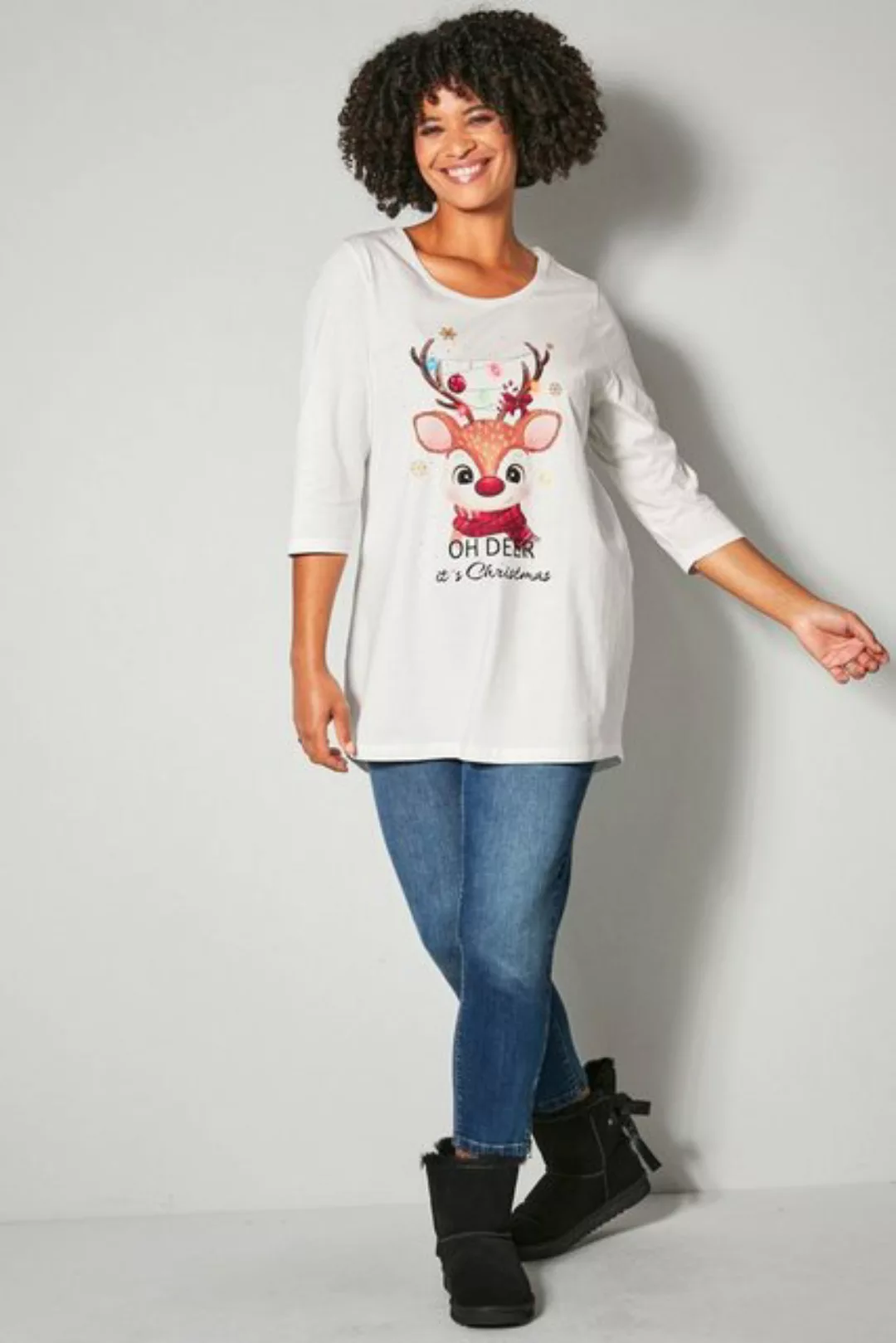 Janet & Joyce Longsleeve T-Shirt A-Line OH DEER Print Rundhals 3/4-Ärmel günstig online kaufen