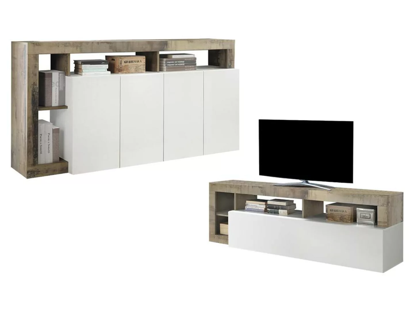 Set Sideboard + TV-Möbel - Weiß lackiert & Eichefarben - SEFRO günstig online kaufen