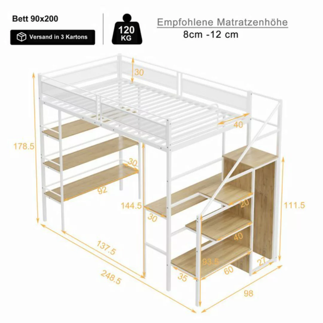 SeedWave Hochbett Metall-Hochbett mit Dreistöckiges Regal und Schreibtisch günstig online kaufen