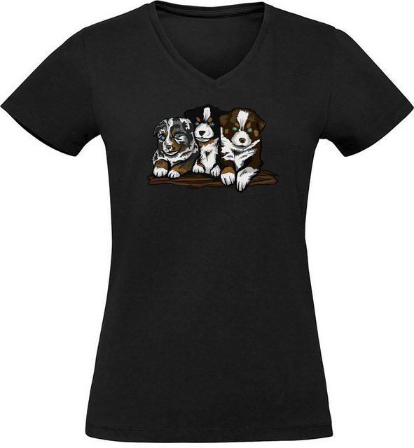 MyDesign24 T-Shirt Damen Hunde Print Shirt - Drei Hundewelpen V-Ausschnitt günstig online kaufen