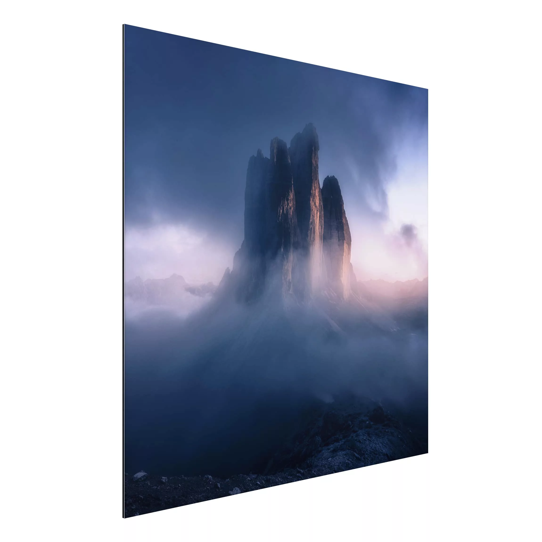 Alu-Dibond Bild Natur & Landschaft - Quadrat Drei Zinnen in blauem Licht günstig online kaufen