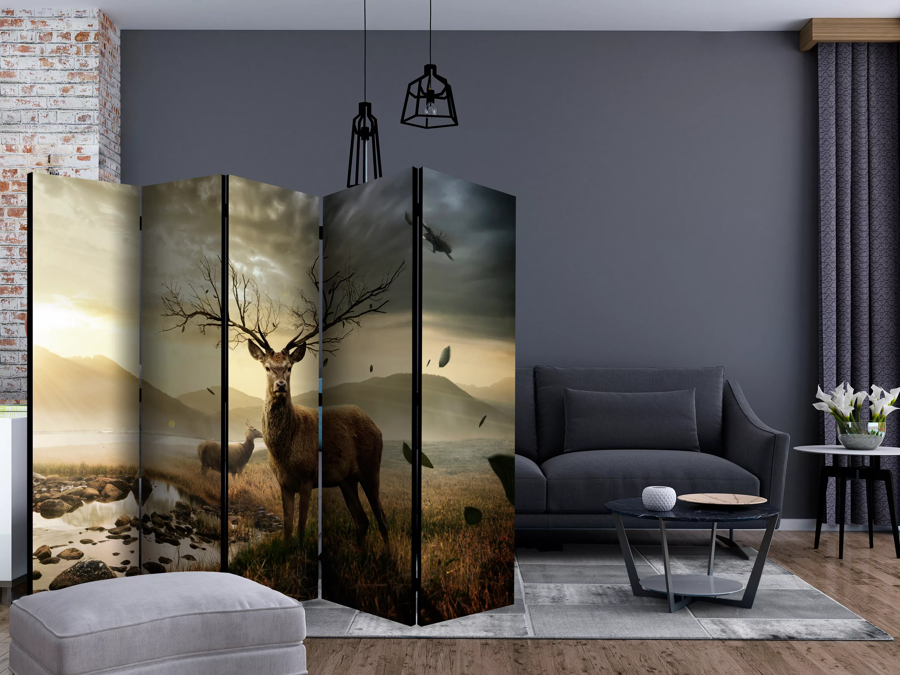 5-teiliges Paravent - Deers By Mountain Stream Ii [room Dividers] günstig online kaufen