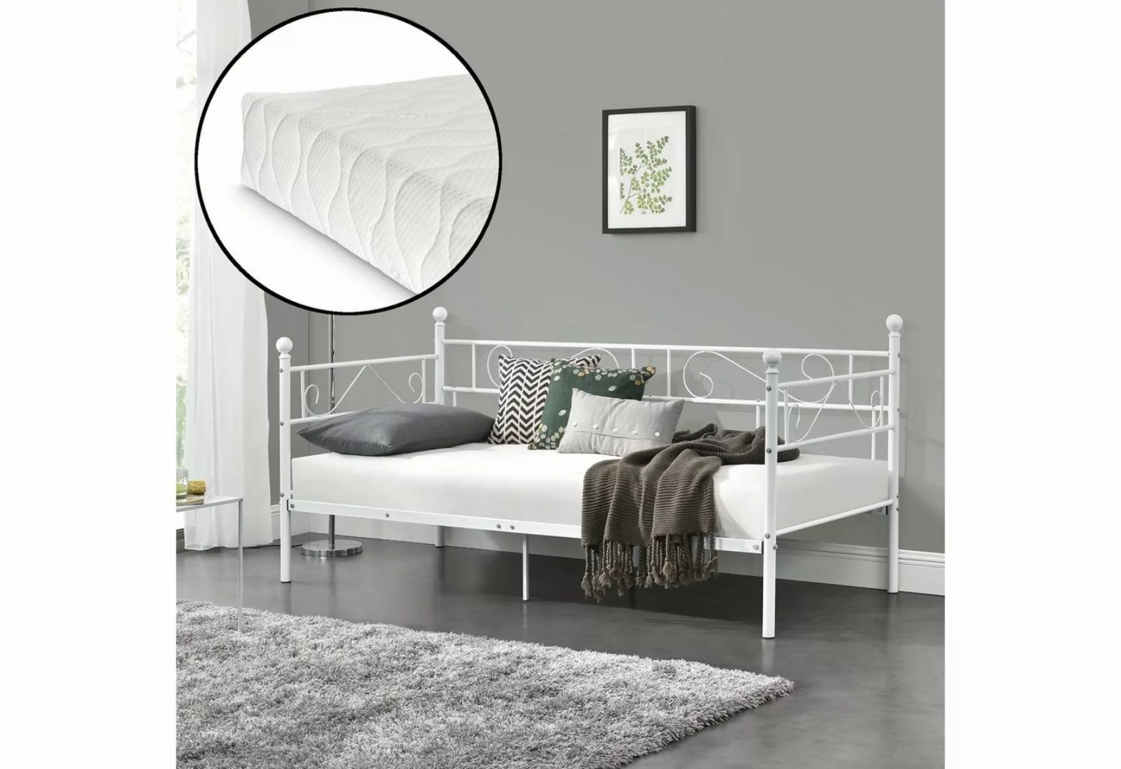 en.casa Metallbett, »Granada« Tagesbett mit Kaltschaummatratze 90x200cm Wei günstig online kaufen