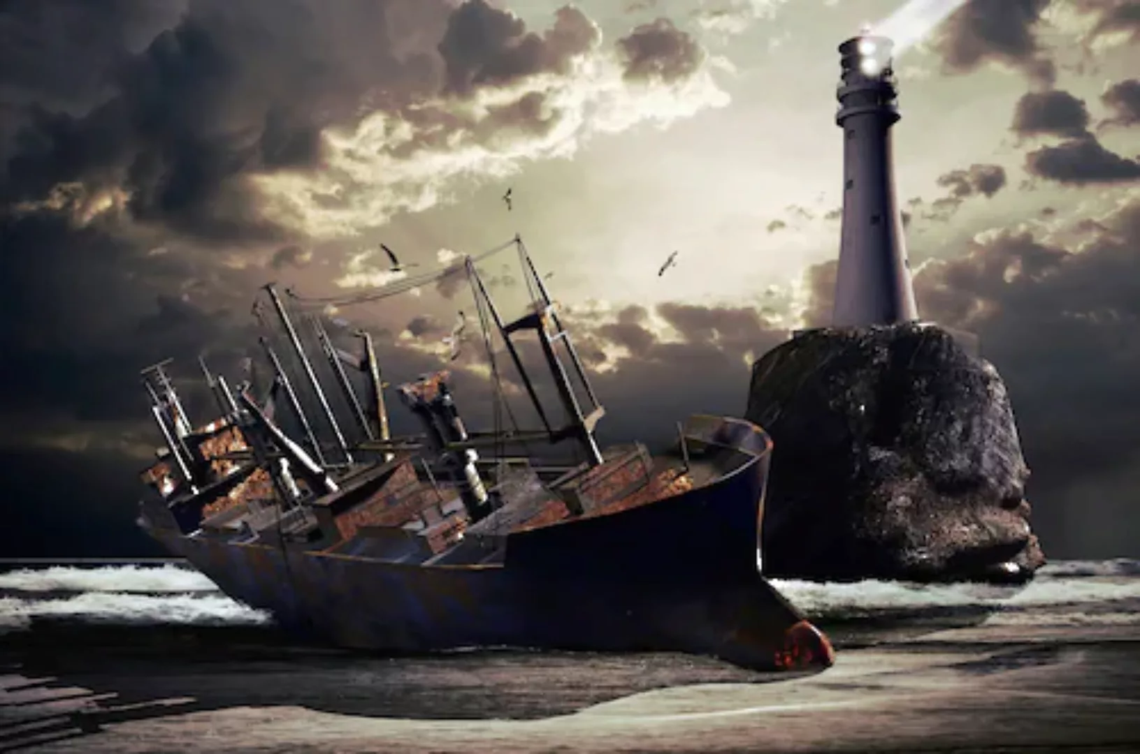 Papermoon Fototapete »Gestrandetes Schiff mit Leuchtturm« günstig online kaufen