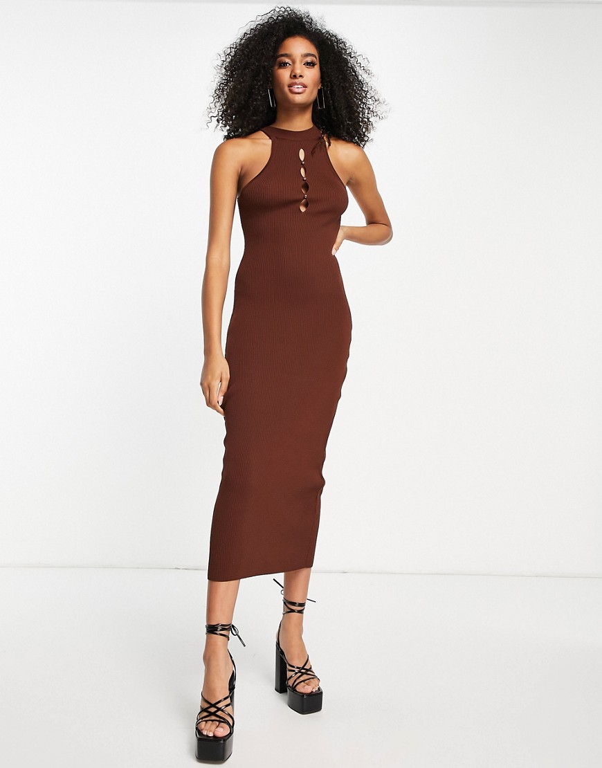 Topshop – Kleid aus Feinstrick in Camel mit Zierausschnitt-Braun günstig online kaufen