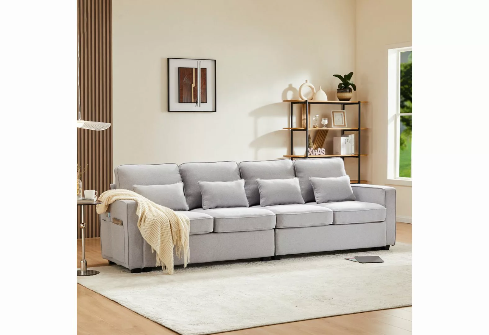 MODFU Sofa 4-Sitzer-Sofa aus Leinenstoff, Viersitzer-Sofa mit Armlehnentasc günstig online kaufen