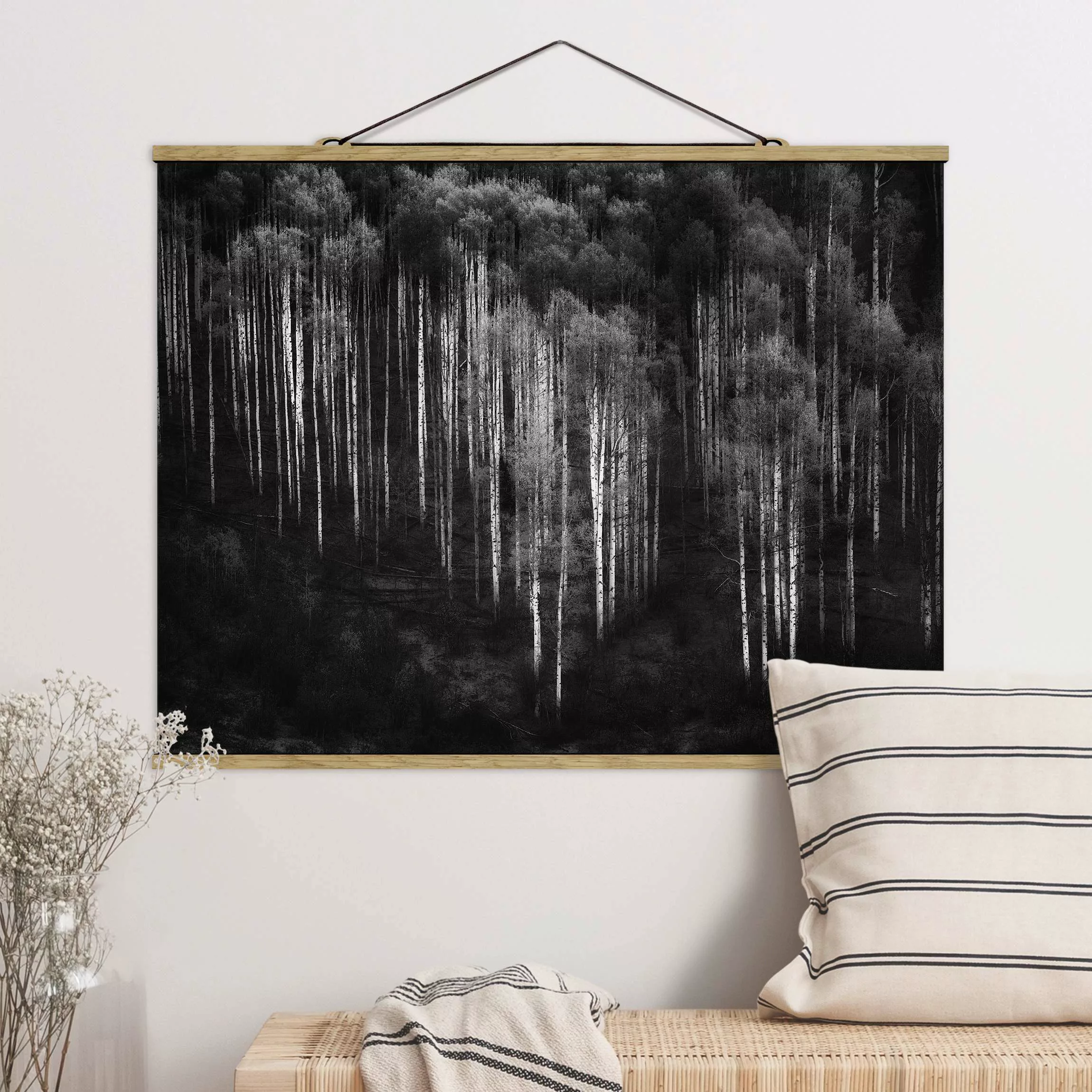 Stoffbild Wald mit Posterleisten - Querformat Birkenwald in Aspen günstig online kaufen