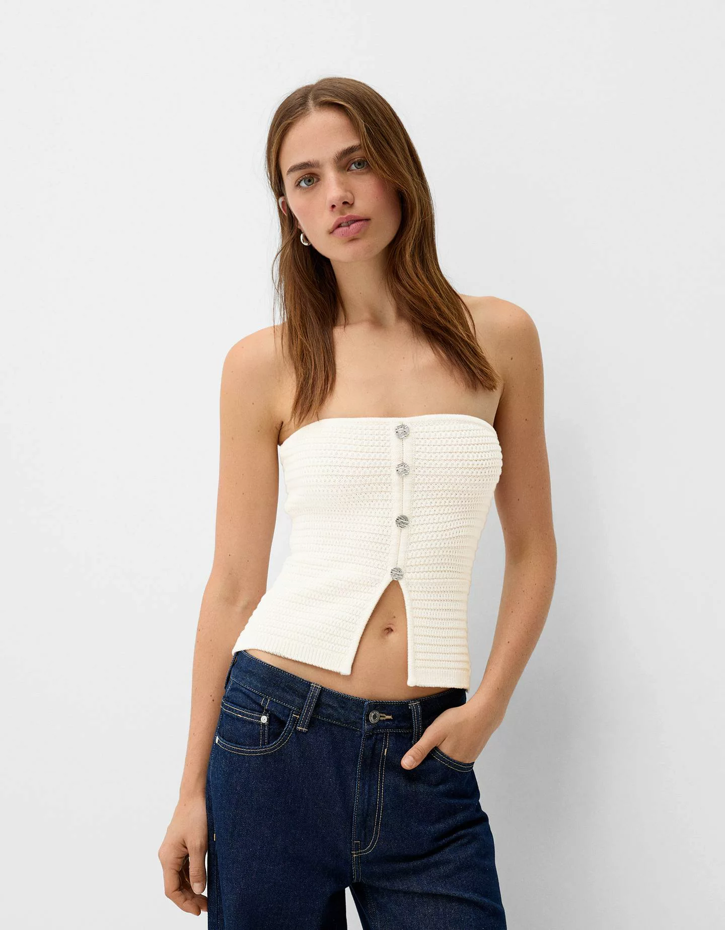 Bershka Bandeau-Top Mit Knöpfen Damen S Rohweiß günstig online kaufen