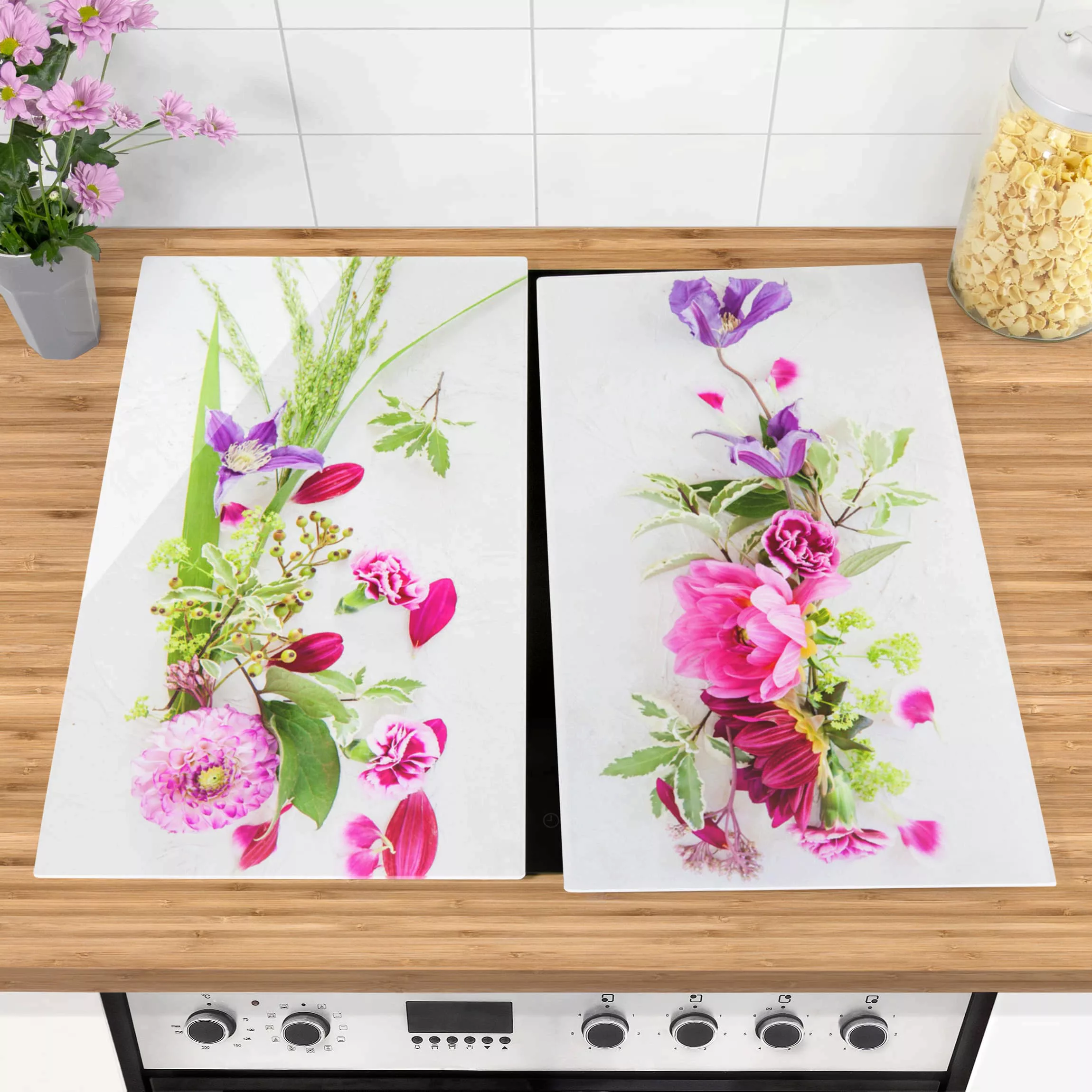 2-teilige Herdabdeckplatte Glas Blumen Blumenarrangement günstig online kaufen