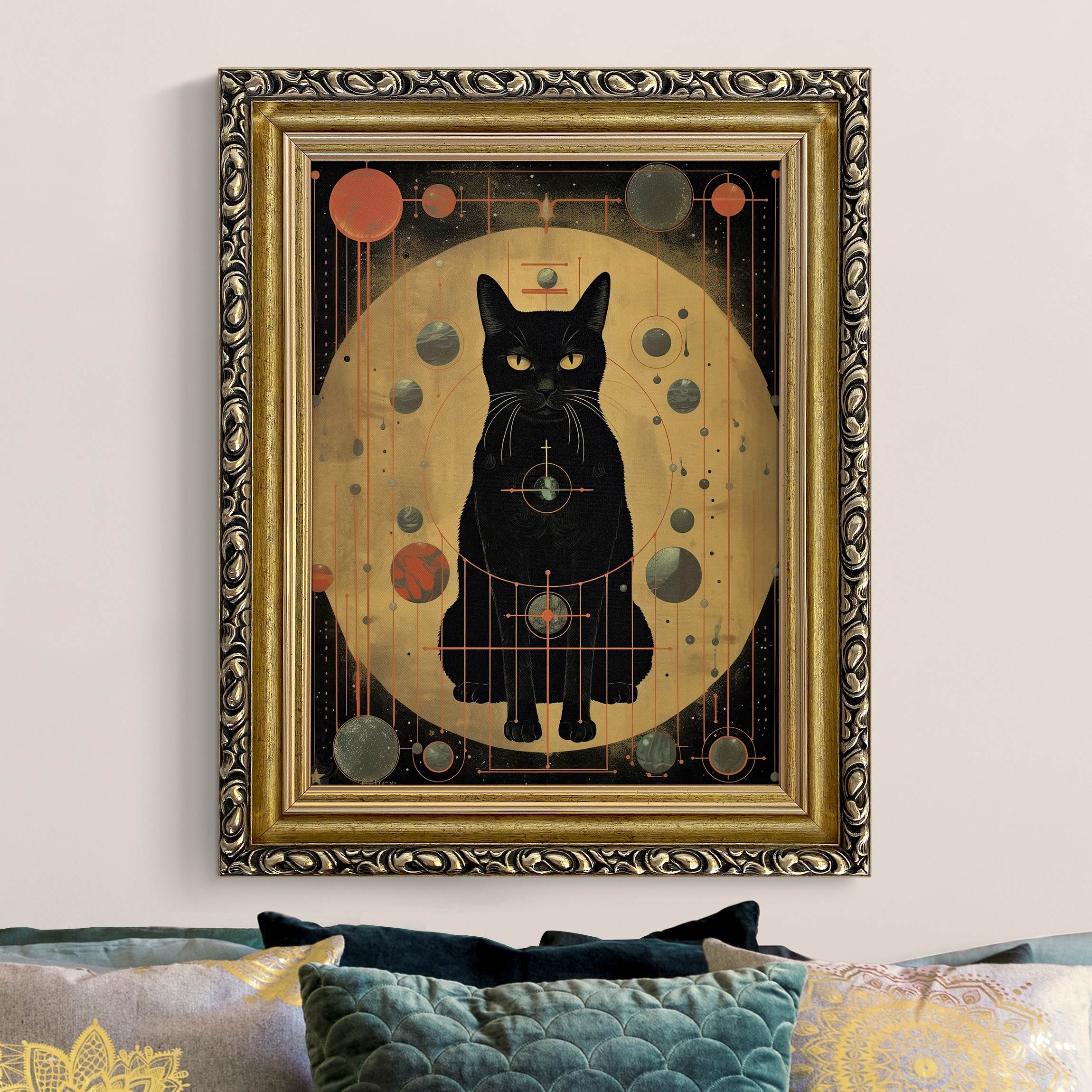 Gerahmtes Leinwandbild Schwarze Katze Universum Collage günstig online kaufen