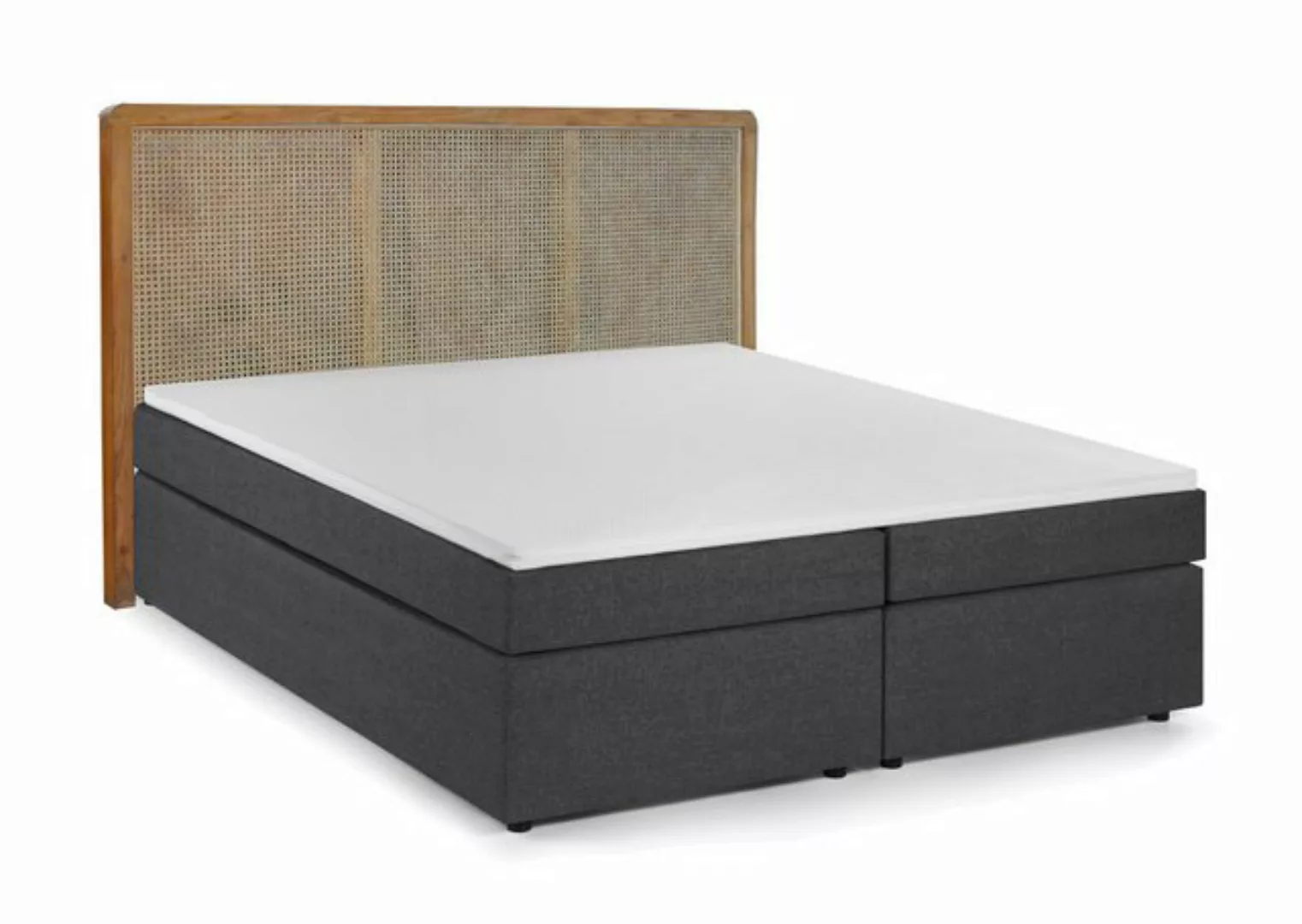 dynamic24 Boxspringbett, Boxspringbett mit Rattan-Kopfteil Teak Grau günstig online kaufen