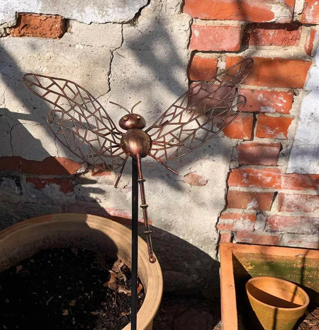 Gartenstecker Libelle Metall Rost Braun Gartenstab Deko Vintage-Stil 100cm günstig online kaufen
