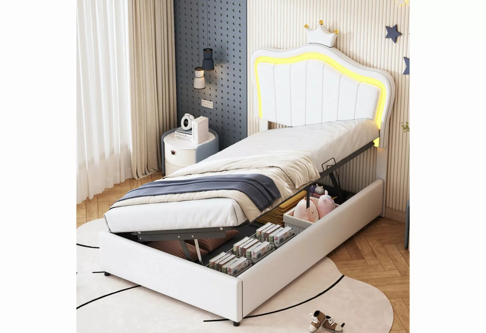 OKWISH Bett Kinderbett Polsterbet Gästebett (mit Kronendesign und LED-Beleu günstig online kaufen