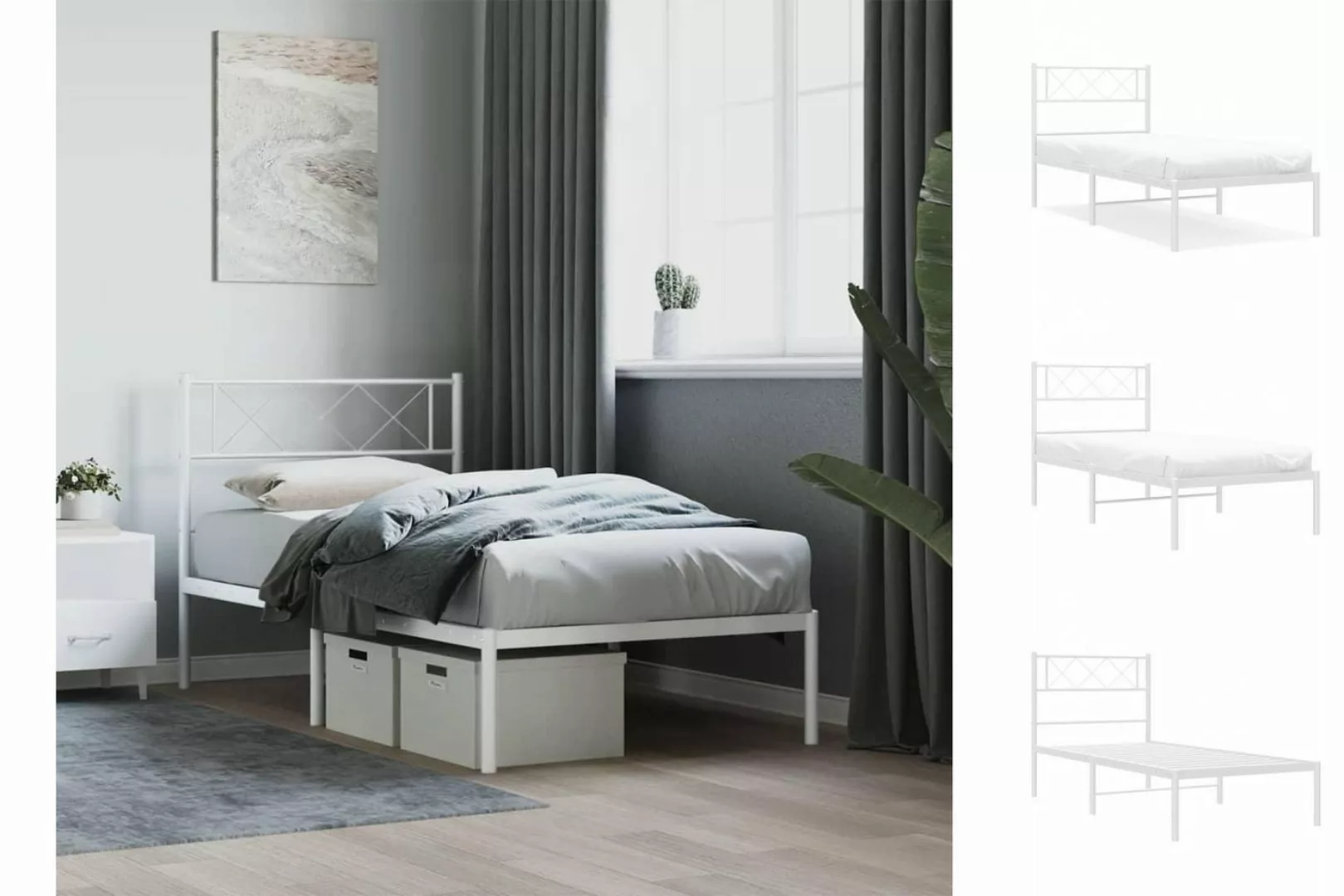 vidaXL Bettgestell Bettrahmen mit Kopfteil Metall Weiß 90x200 cm Bett Bettg günstig online kaufen