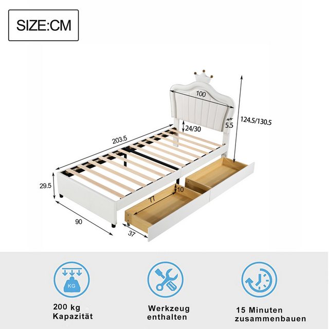 Ulife Kinderbett Polsterbett Kronen-Mädchen-Einzelbettgestell aus PU-Leder günstig online kaufen