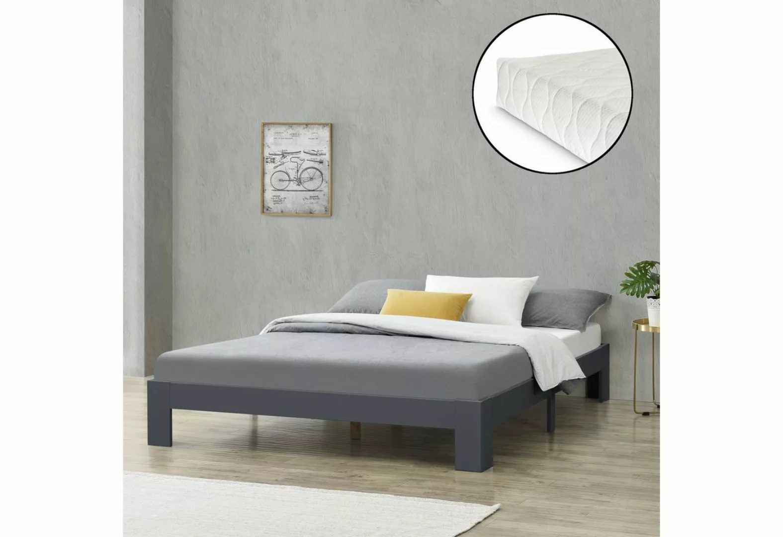 en.casa Holzbett, Raisio Doppelbett mit Matratze 140x200 cm Dunkelgrau günstig online kaufen