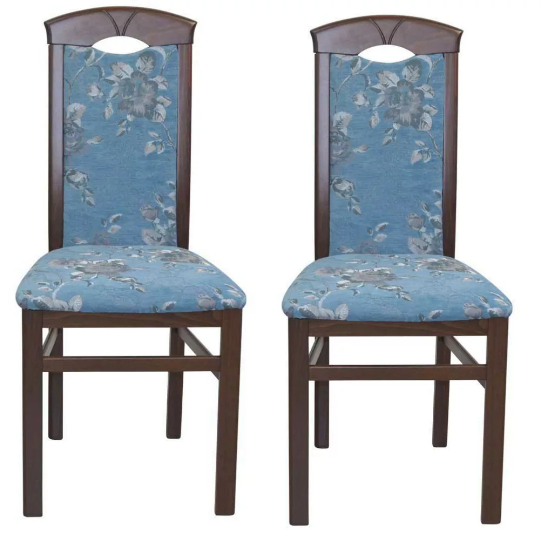 Stuhl Set Küche in Blau und Nussbaumfarben Blumen Motiv (2er Set) günstig online kaufen
