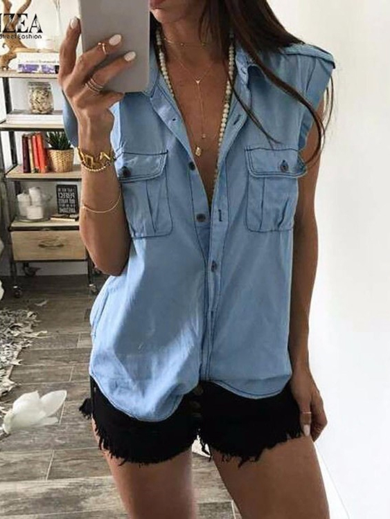 YOINS Blue Denim Classic Ärmellose Bluse mit Kragen günstig online kaufen