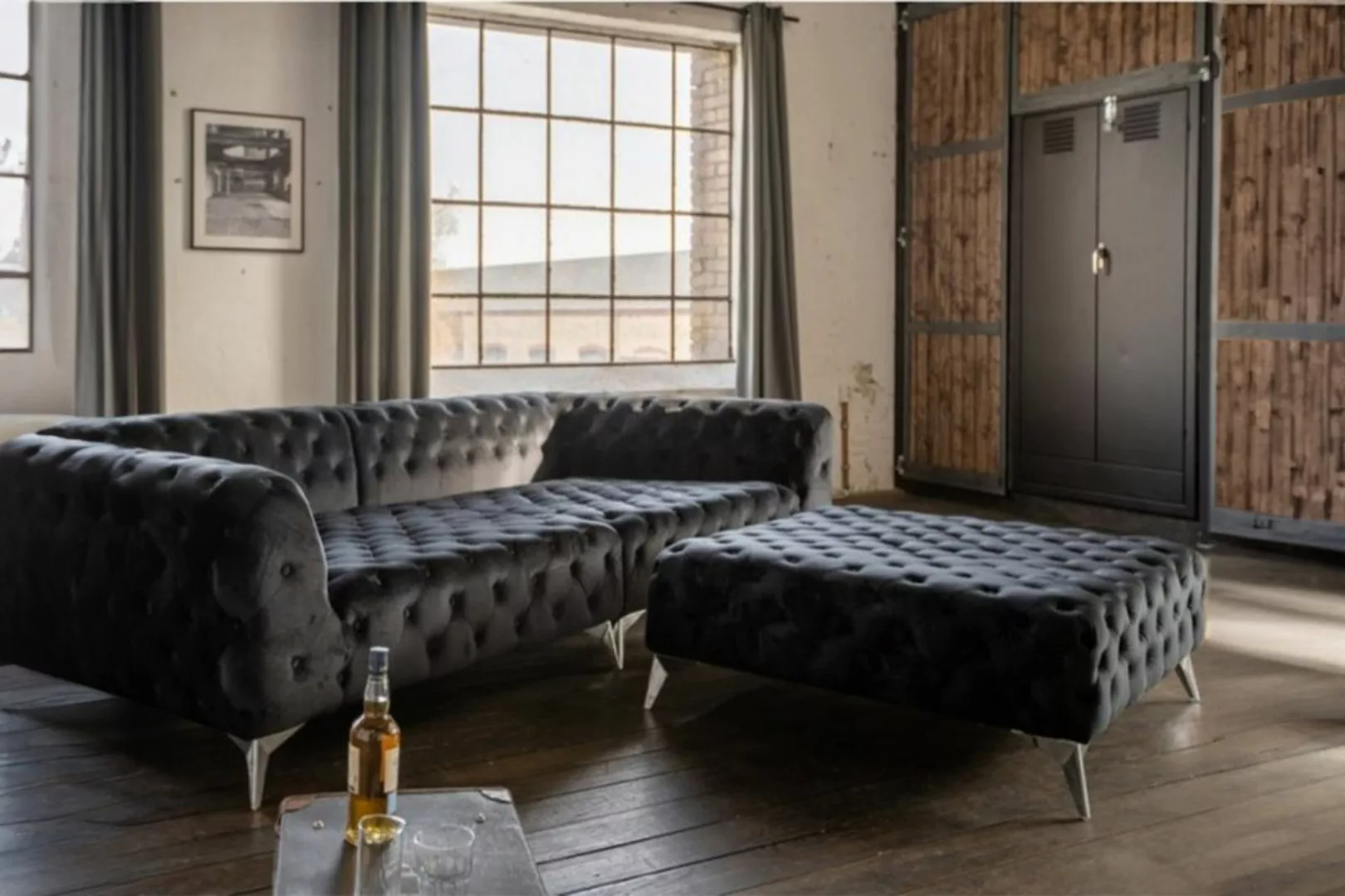 KAWOLA Set Big Sofa und Polsterhocker NARLA Chesterfield Velvet schwarz günstig online kaufen