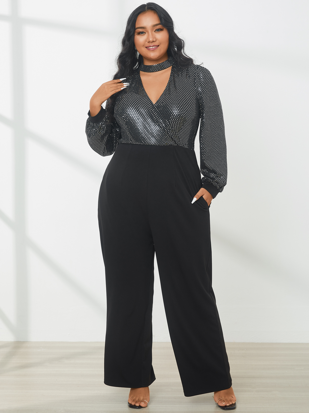 YOINS Plus Größe V-Ausschnitt Patchwork Wickeldesign lange Ärmel Jumpsuit günstig online kaufen