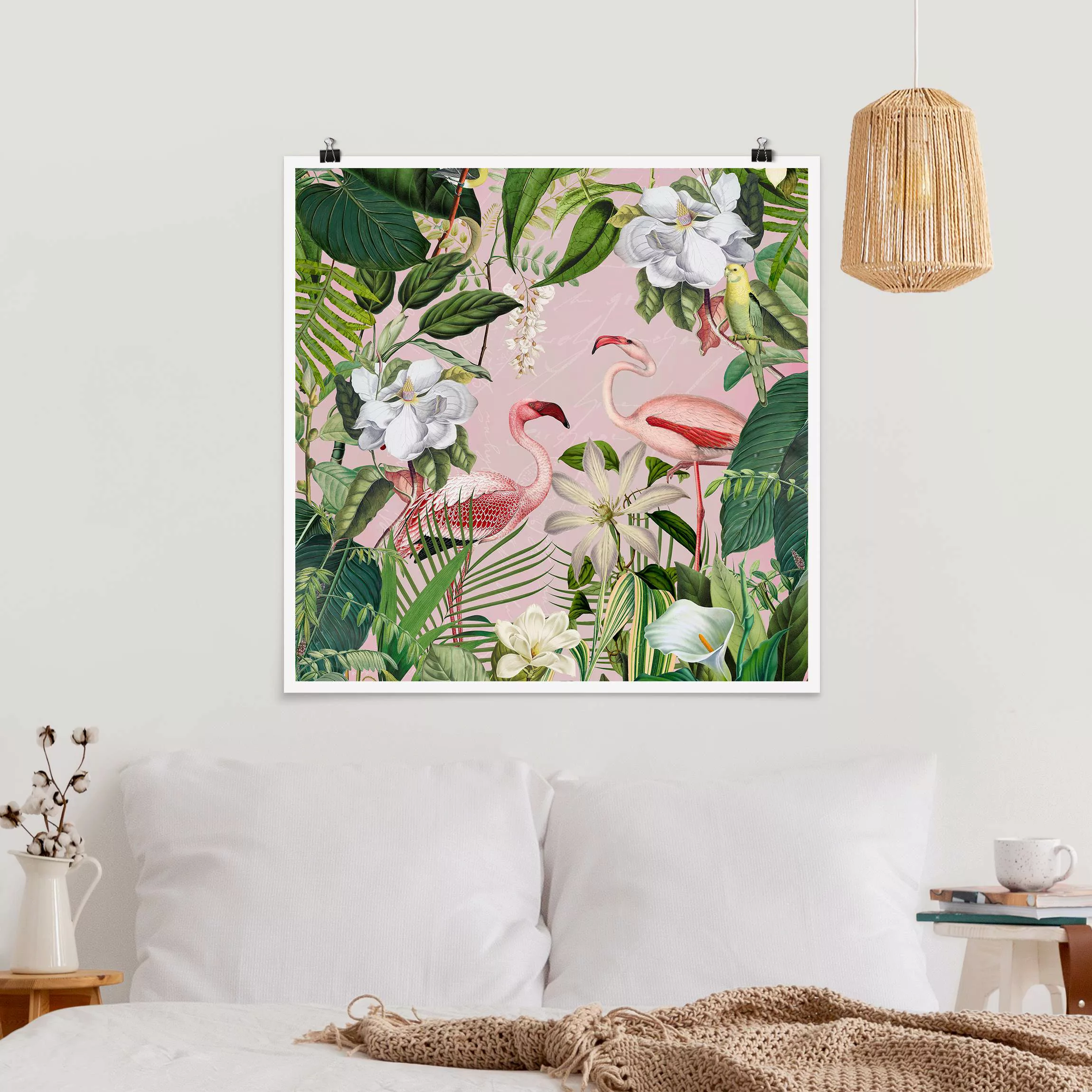 Poster Tropische Flamingos mit Pflanzen in Rosa günstig online kaufen