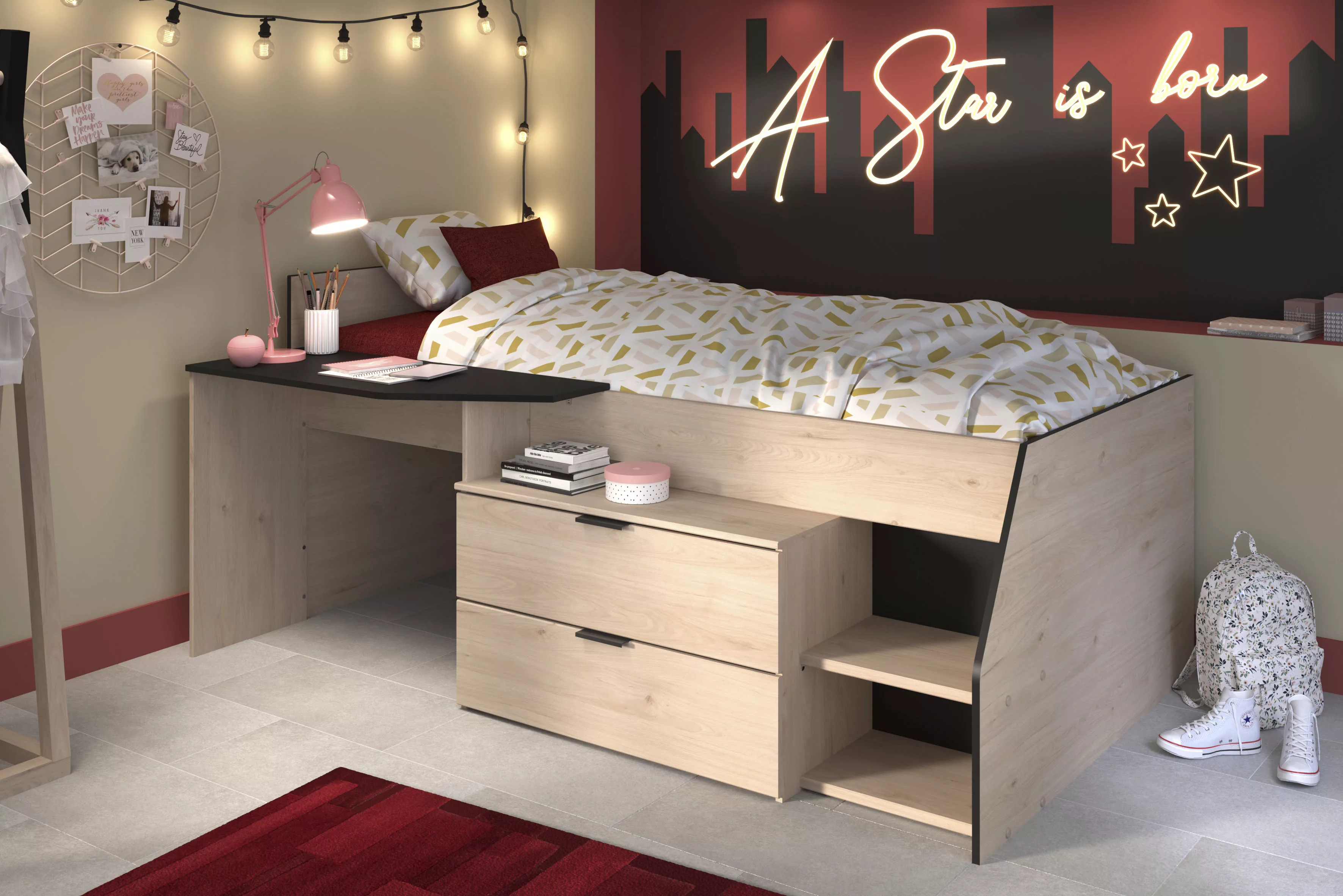 PARISOT Kinderbett mit Schreibtisch & Stauraum GISELE - 90x200 cm - Eiche & günstig online kaufen