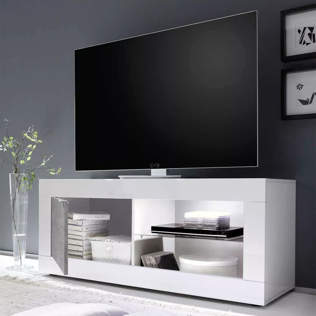 TV Lowboard in Weiß und Beton Grau offene Gerätefächer günstig online kaufen